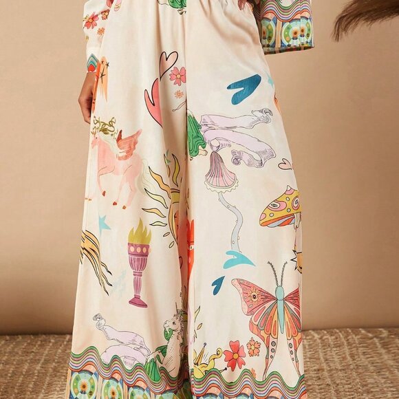 Multicolor Boho Women's Loose Wide Leg Vacation Printed Woven Pants - Picture 5 of 5